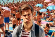 DALL·E 2024 06 02 14.59.06 A crowded beach in Mallorca with numerous people sunbathing and swimming. In the foreground, there is a person with a frustrated facial expression, cl