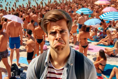 DALL·E 2024 06 02 14.59.06 A crowded beach in Mallorca with numerous people sunbathing and swimming. In the foreground, there is a person with a frustrated facial expression, cl