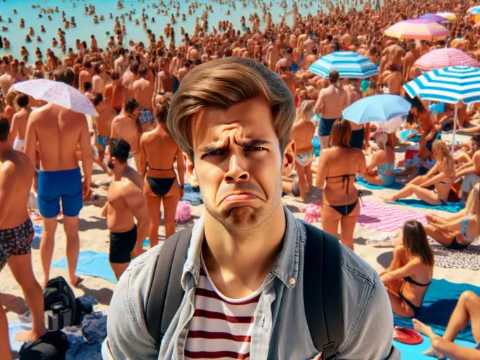 DALL·E 2024 06 02 14.59.06 A crowded beach in Mallorca with numerous people sunbathing and swimming. In the foreground, there is a person with a frustrated facial expression, cl