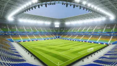 DALL·E 2024 06 11 17.54.12 A beautiful, large football stadium, well lit and ready for a match. The stadium is modern with a lush green field, rows of seats filled with fans, an