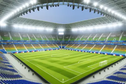 DALL·E 2024 06 11 17.54.12 A beautiful, large football stadium, well lit and ready for a match. The stadium is modern with a lush green field, rows of seats filled with fans, an