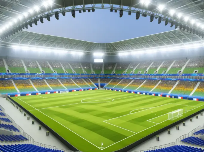 DALL·E 2024 06 11 17.54.12 A beautiful, large football stadium, well lit and ready for a match. The stadium is modern with a lush green field, rows of seats filled with fans, an