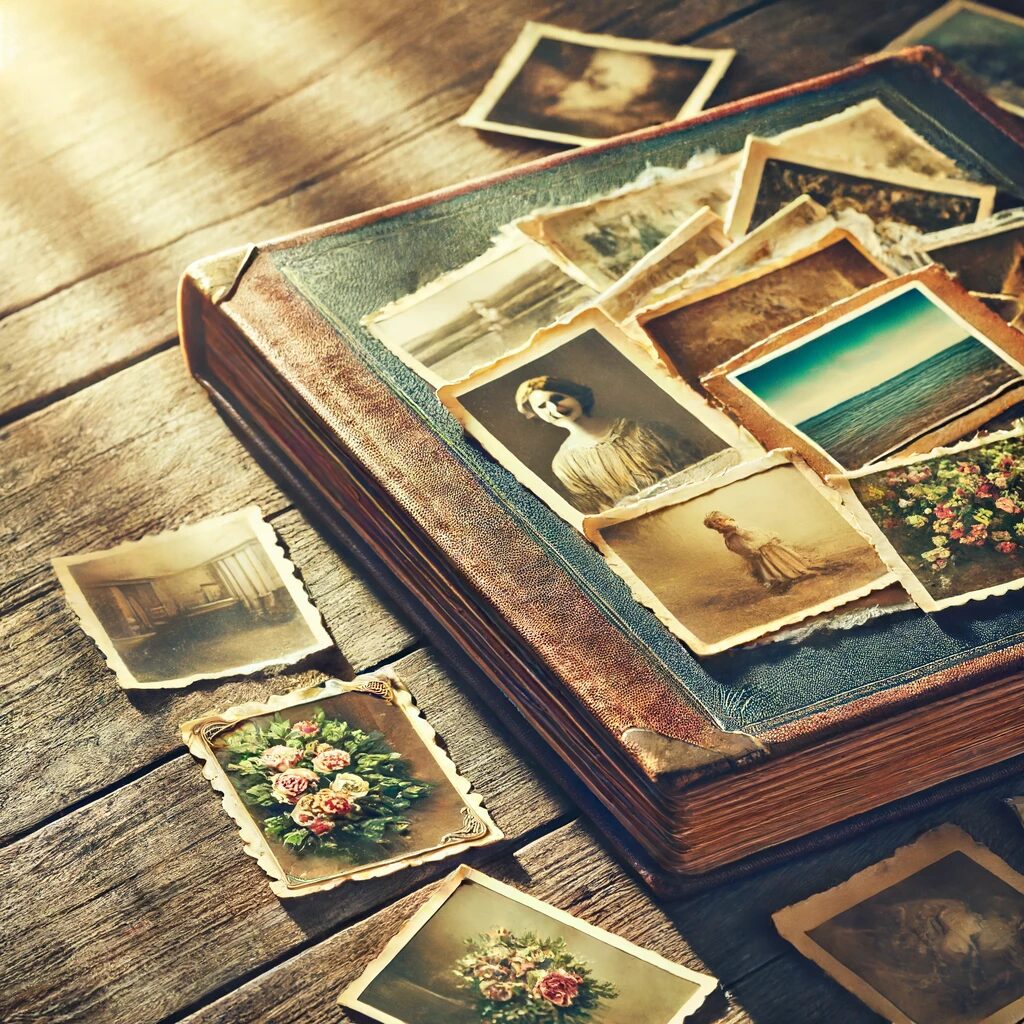 DALL·E 2024 06 16 14.04.49 An old photo album lying on a wooden table, with a mix of yellowed and colorful photos sticking out slightly. The scene is bathed in soft sunlight, cr