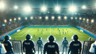 DALL·E 2024 06 16 18.14.13 A nighttime football stadium with a game in progress. In the foreground, police officers in riot gear are visible. The background features a blurred c