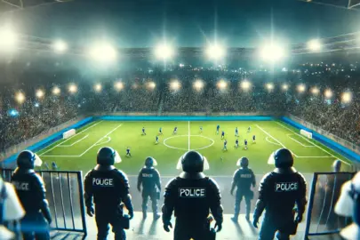 DALL·E 2024 06 16 18.14.13 A nighttime football stadium with a game in progress. In the foreground, police officers in riot gear are visible. The background features a blurred c