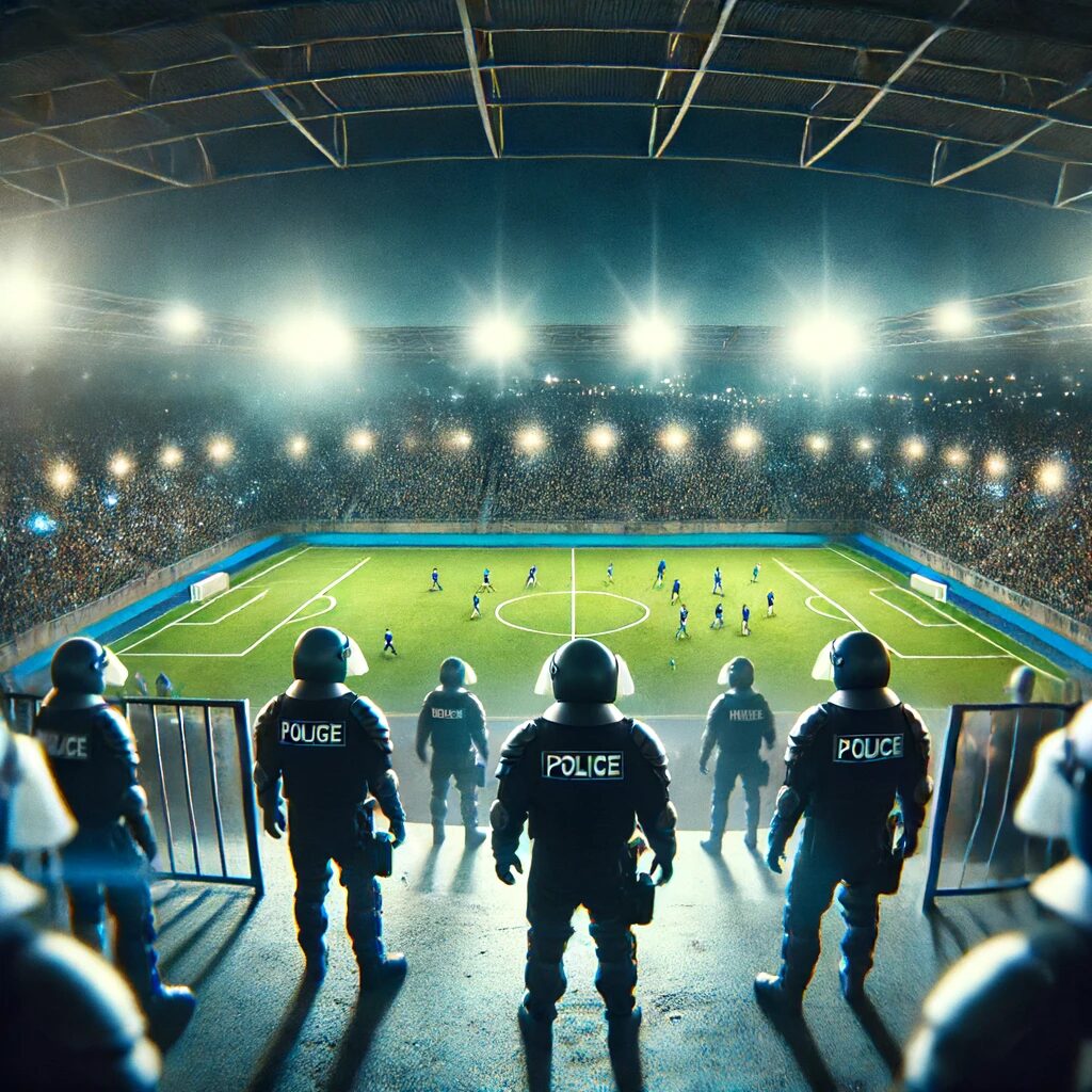 DALL·E 2024 06 16 18.14.13 A nighttime football stadium with a game in progress. In the foreground, police officers in riot gear are visible. The background features a blurred c