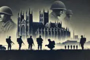 DALL·E 2024 06 26 16.42.27 A dark and thoughtful artwork depicting the iconic cathedral from 'The Pillars of the Earth' in the background with modern looking silhouettes of sold