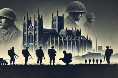 DALL·E 2024 06 26 16.42.27 A dark and thoughtful artwork depicting the iconic cathedral from 'The Pillars of the Earth' in the background with modern looking silhouettes of sold