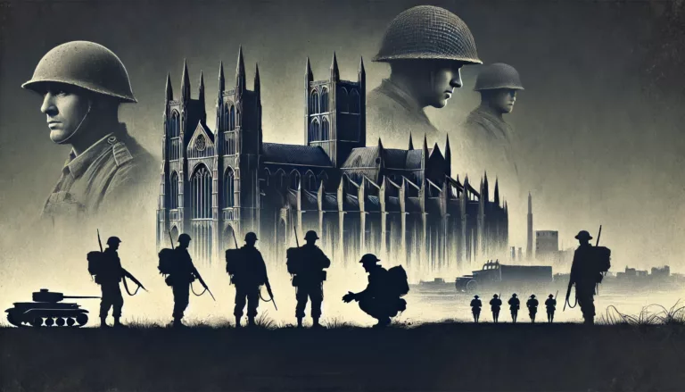 DALL·E 2024 06 26 16.42.27 A dark and thoughtful artwork depicting the iconic cathedral from 'The Pillars of the Earth' in the background with modern looking silhouettes of sold