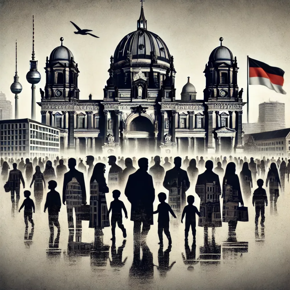 DALL·E 2024 06 27 16.54.45 A symbolic image of a German city in the background, with silhouettes of people from different origins in the foreground, creating a sense of tension
