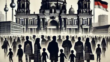 DALL·E 2024 06 27 16.54.45 A symbolic image of a German city in the background, with silhouettes of people from different origins in the foreground, creating a sense of tension