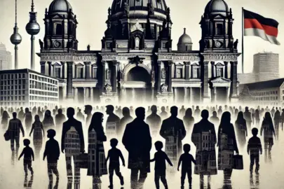 DALL·E 2024 06 27 16.54.45 A symbolic image of a German city in the background, with silhouettes of people from different origins in the foreground, creating a sense of tension