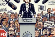 DALL·E 2024 06 30 14.53.40 Alice Weidel during a speech, surrounded by angry people holding placards both for and against the AfD. In the background, media coverage is symbolize