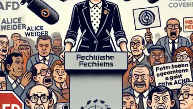 DALL·E 2024 06 30 14.53.40 Alice Weidel during a speech, surrounded by angry people holding placards both for and against the AfD. In the background, media coverage is symbolize