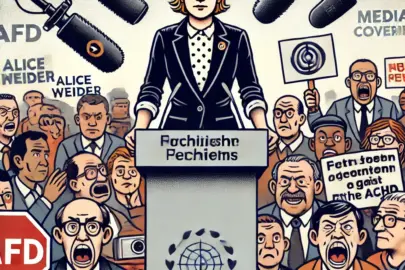DALL·E 2024 06 30 14.53.40 Alice Weidel during a speech, surrounded by angry people holding placards both for and against the AfD. In the background, media coverage is symbolize