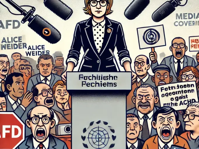 DALL·E 2024 06 30 14.53.40 Alice Weidel during a speech, surrounded by angry people holding placards both for and against the AfD. In the background, media coverage is symbolize