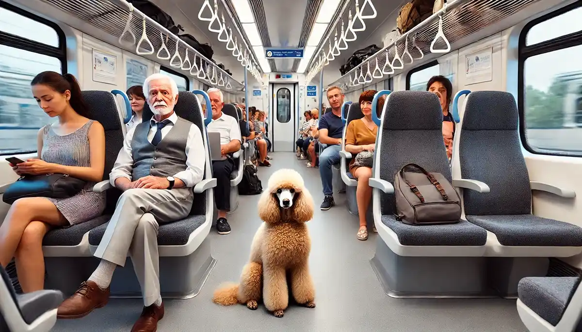 DALL·E 2024 06 30 16.27.57 Interior of a regional train with all seats occupied. On one of the seats, there is a poodle sitting, and next to it stands an elderly white man. The 1