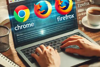 DALL·E 2024 07 05 15.31.17 A laptop on a desk with a split screen showing both Chrome and Firefox logos. A person is typing on the laptop, with a blog article visible on the scr