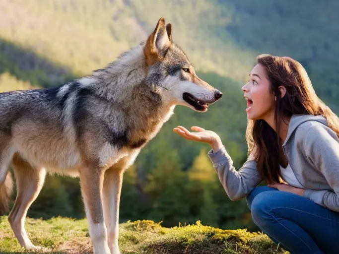 a captivating image of a wolf greeting a young wom GGag0ajPRra6Ec2cW6m1hA Bg7gGFUVRKyXRm6olWJ2Aw
