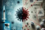 DALL·E 2024 08 31 17.48.13 A symbolic image depicting the divide between reality and conspiracy theories. The left side shows a stylized virus and a vaccine vial, representing s
