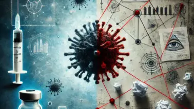 DALL·E 2024 08 31 17.48.13 A symbolic image depicting the divide between reality and conspiracy theories. The left side shows a stylized virus and a vaccine vial, representing s
