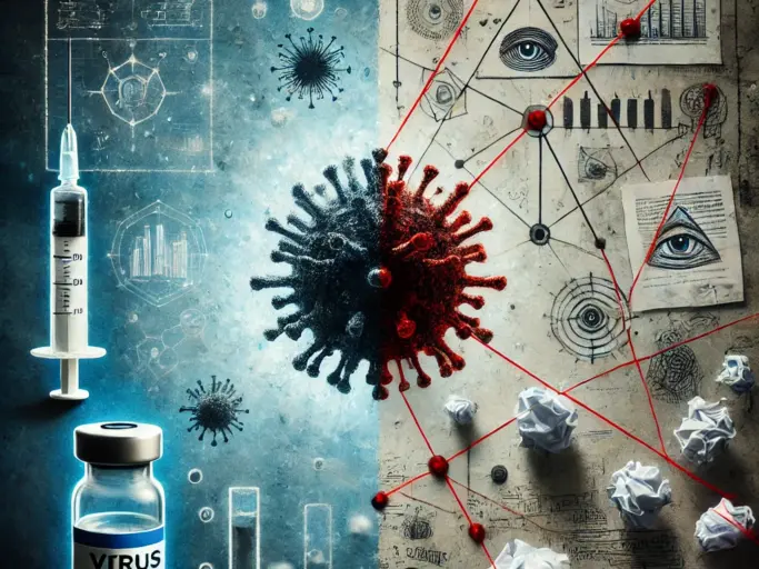 DALL·E 2024 08 31 17.48.13 A symbolic image depicting the divide between reality and conspiracy theories. The left side shows a stylized virus and a vaccine vial, representing s