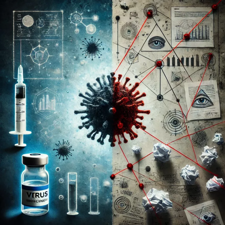 DALL·E 2024 08 31 17.48.13 A symbolic image depicting the divide between reality and conspiracy theories. The left side shows a stylized virus and a vaccine vial, representing s