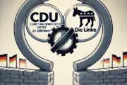 Ideologische Reflexe: Die CDU und die ewige Angst vor dem politischen Neuen 4 DALL·E 2024 09 02 15.26.14 A digital illustration featuring the logos of the CDU (Christian Democratic Union of Germany) and Die Linke (The Left Party) connected by a symbolic b