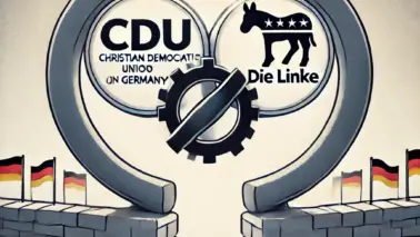 DALL·E 2024 09 02 15.26.14 A digital illustration featuring the logos of the CDU (Christian Democratic Union of Germany) and Die Linke (The Left Party) connected by a symbolic b