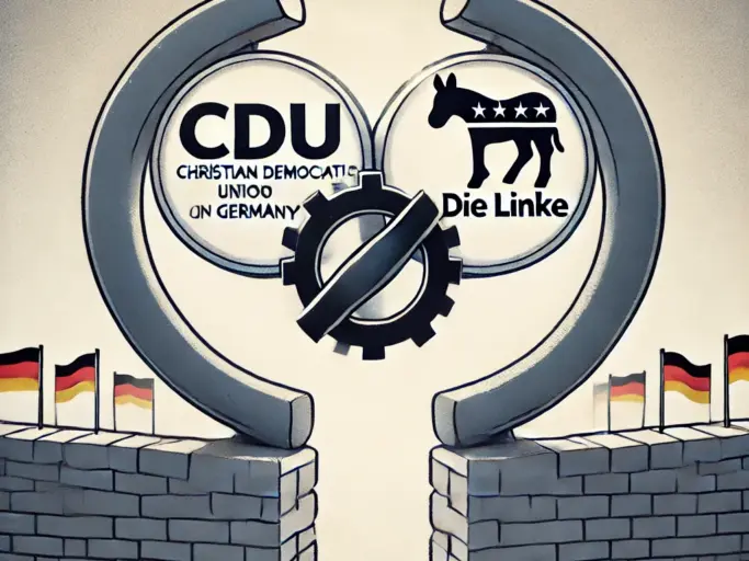DALL·E 2024 09 02 15.26.14 A digital illustration featuring the logos of the CDU (Christian Democratic Union of Germany) and Die Linke (The Left Party) connected by a symbolic b