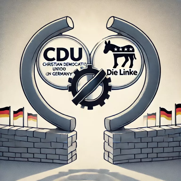 DALL·E 2024 09 02 15.26.14 A digital illustration featuring the logos of the CDU (Christian Democratic Union of Germany) and Die Linke (The Left Party) connected by a symbolic b