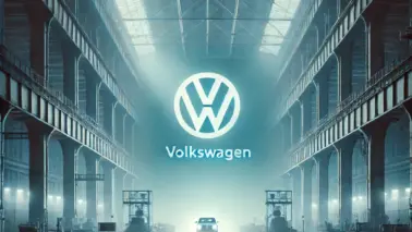 DALL·E 2024 09 02 18.04.26 A dark and empty factory hall with a large VW logo in the background, symbolizing the potential closure of Volkswagen plants and the loss of jobs. The