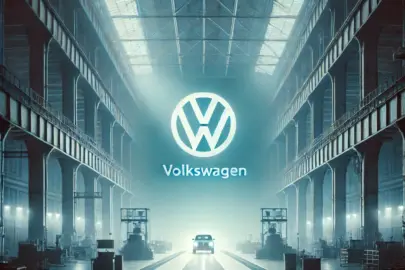 DALL·E 2024 09 02 18.04.26 A dark and empty factory hall with a large VW logo in the background, symbolizing the potential closure of Volkswagen plants and the loss of jobs. The
