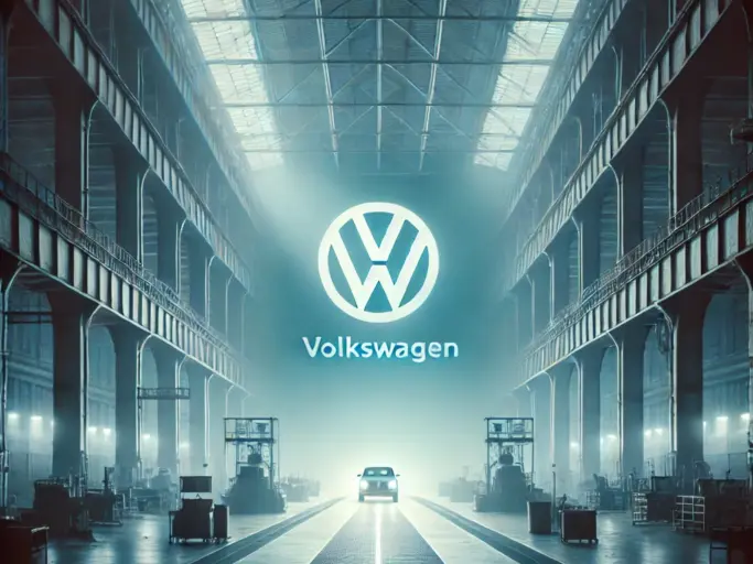 DALL·E 2024 09 02 18.04.26 A dark and empty factory hall with a large VW logo in the background, symbolizing the potential closure of Volkswagen plants and the loss of jobs. The