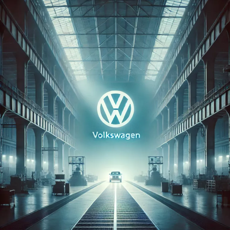 DALL·E 2024 09 02 18.04.26 A dark and empty factory hall with a large VW logo in the background, symbolizing the potential closure of Volkswagen plants and the loss of jobs. The