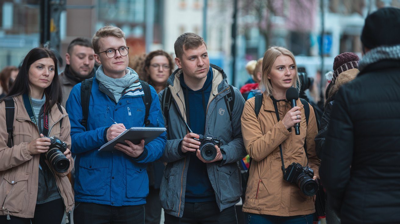 a photo of a group of journalists in a street they hyH74a2HQeKogH zfoQBZA gNaHiPXkSHmTpUeeQPIObw