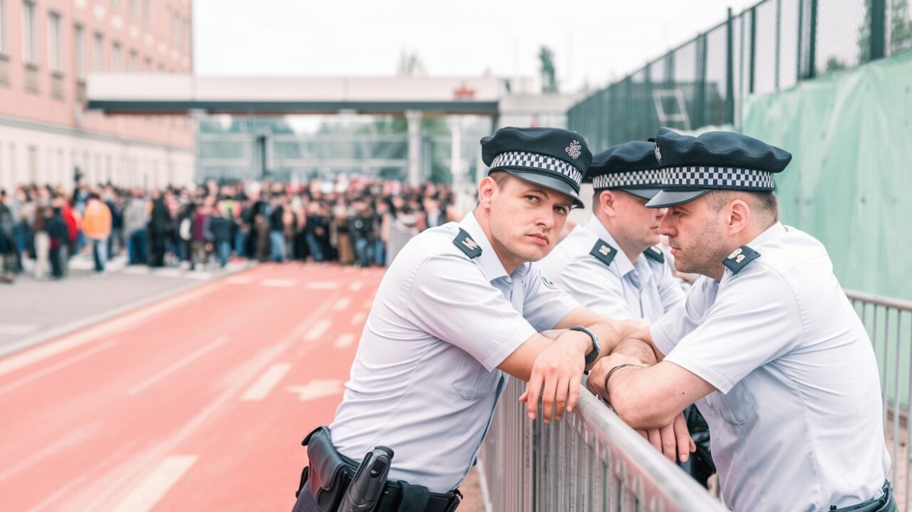 a photo of german police officers leaning against LA5eTyZMQ4afh6lWSh73FA c4nkf79nQbeJUj5wgEiBgQ