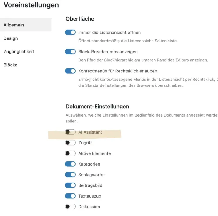 Voreinstellungen Backend