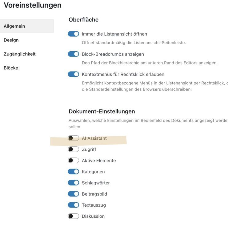 Voreinstellungen Backend