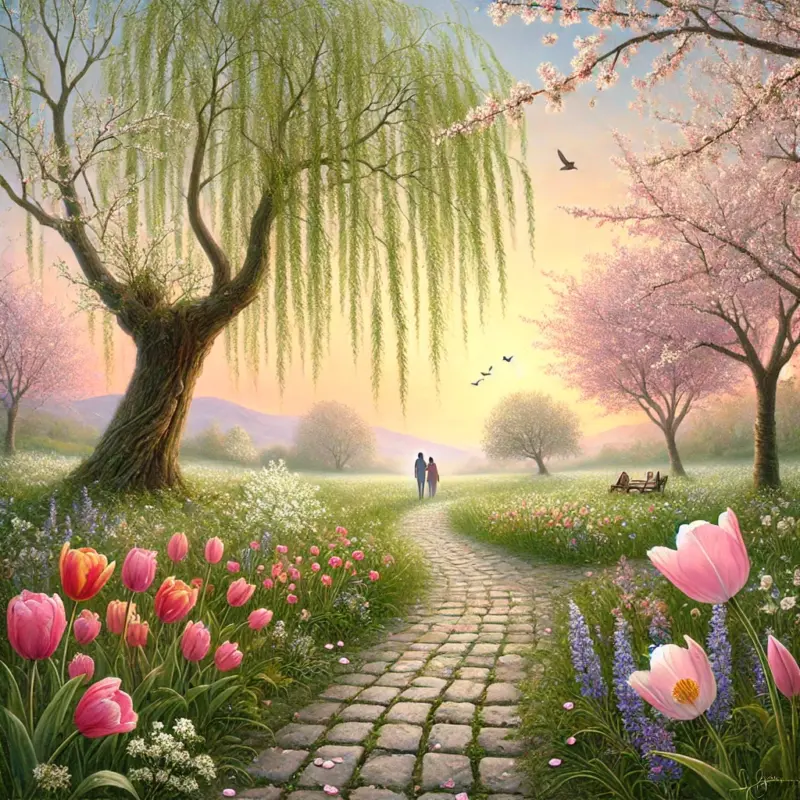 DALL·E 2025 03 24 00.34.26 A romantic spring landscape in soft pastel tones. A gentle meadow filled with blooming cherry blossoms, tulips, and wildflowers swaying in the breeze