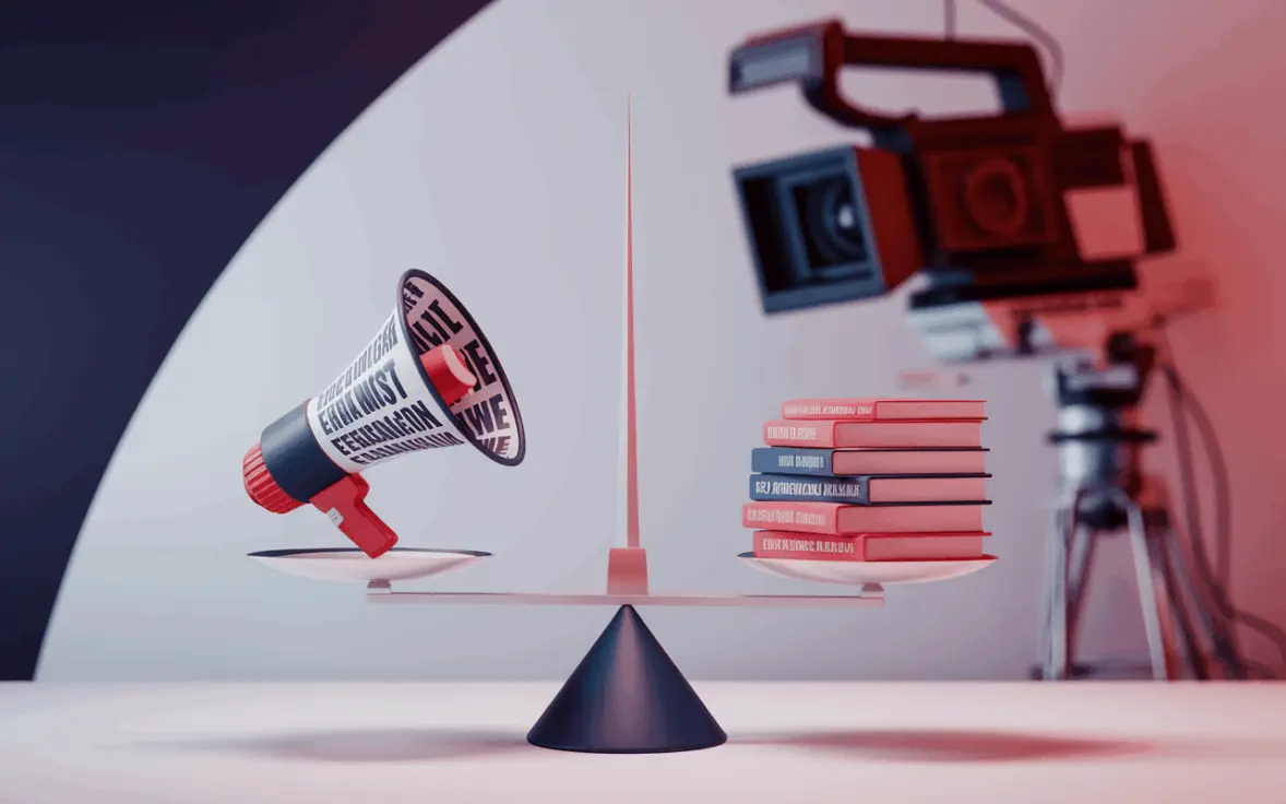 a 3d render of a scale with a megaphone ceulhOuRSzuXMQtTjkiEIA uKtGOEyDQUiBWcxGVEmsAg