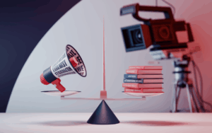 a 3d render of a scale with a megaphone ceulhOuRSzuXMQtTjkiEIA uKtGOEyDQUiBWcxGVEmsAg