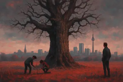 Digitales Gemälde einer knorrigen Eiche vor Berlins Skyline, umgeben von drei Menschen unterschiedlicher Generationen – Symbol für Deutschlands demografischen Wandel und gesellschaftliche Stagnation