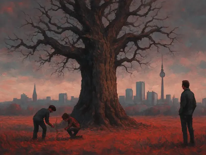 Digitales Gemälde einer knorrigen Eiche vor Berlins Skyline, umgeben von drei Menschen unterschiedlicher Generationen – Symbol für Deutschlands demografischen Wandel und gesellschaftliche Stagnation