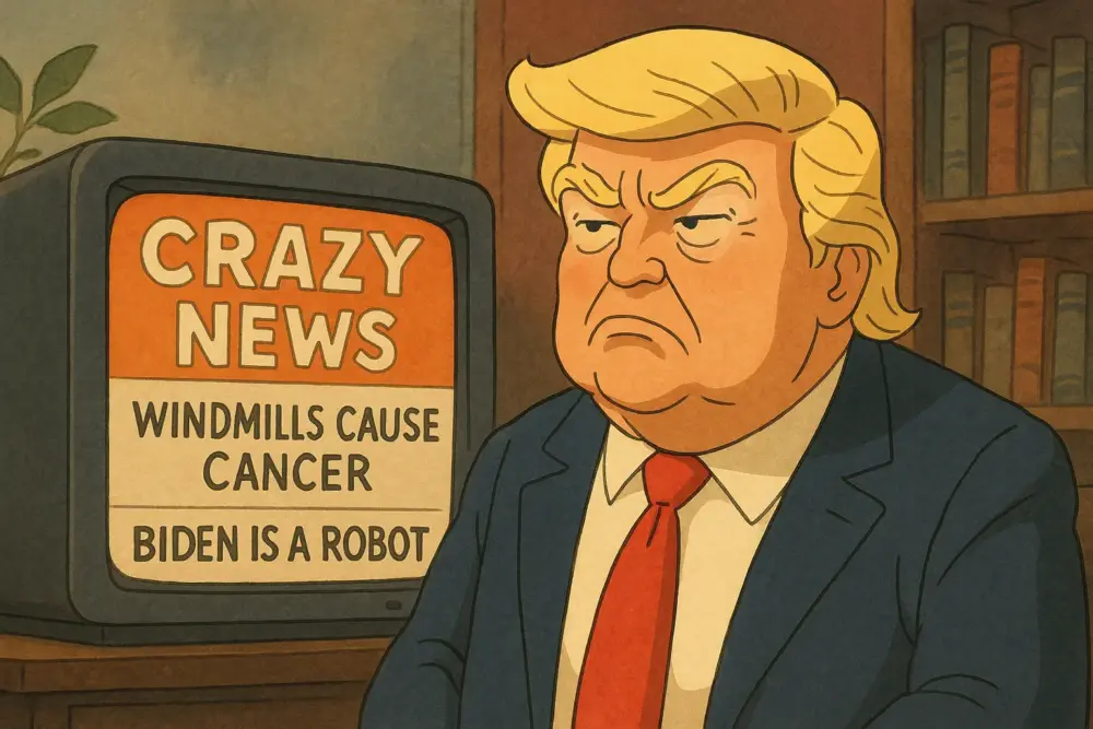 Karikaturartige Ghibli-Illustration eines Trump-ähnlichen Politikers vor einem Fernseher mit absurden Schlagzeilen wie „Windmills cause cancer“ und „Biden is a robot“.