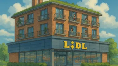 Illustration im Ghibli-Stil: Ein LIDL-Supermarkt mit begrüntem Dach und mehreren darüber liegenden Wohnungen. Menschen stehen auf den Balkonen, umgeben von Bäumen, unter einem sommerlich blauen Himmel mit weißen Wolken.