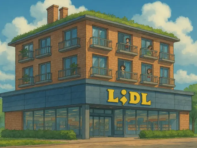 Illustration im Ghibli-Stil: Ein LIDL-Supermarkt mit begrüntem Dach und mehreren darüber liegenden Wohnungen. Menschen stehen auf den Balkonen, umgeben von Bäumen, unter einem sommerlich blauen Himmel mit weißen Wolken.