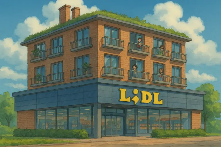Illustration im Ghibli-Stil: Ein LIDL-Supermarkt mit begrüntem Dach und mehreren darüber liegenden Wohnungen. Menschen stehen auf den Balkonen, umgeben von Bäumen, unter einem sommerlich blauen Himmel mit weißen Wolken.