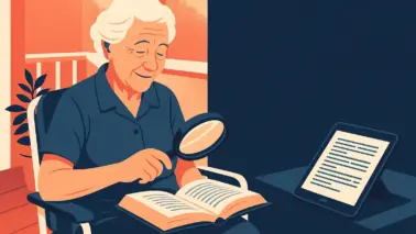Ältere Frau liest mit Lupe auf dem Balkon; daneben ein Tablet mit E-Book – Symbolbild für digitale Teilhabe im Alter.