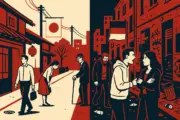 Duft nach Kirschblüte und die Sehnsucht nach Anstand 5 Zweigeteiltes Bild mit japanischer Ordnung und deutscher Großstadt in Kontrast